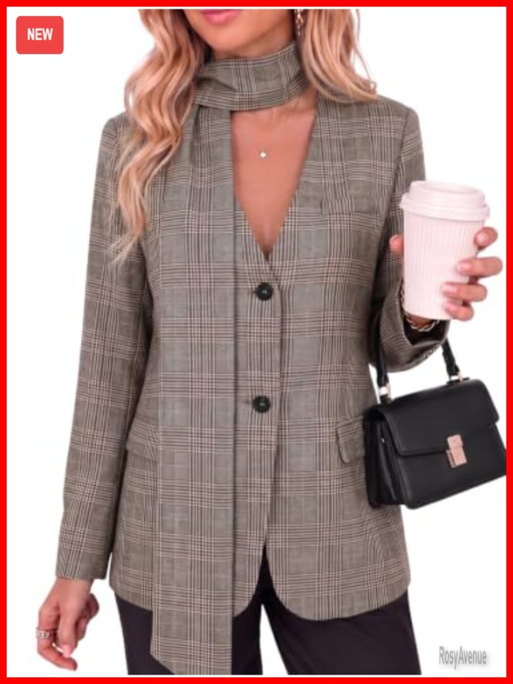 Women's Plaid Blazer with Scarf V-Neck Button Down Fitted Blazer